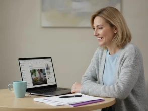 Professional woman smiling while reviewing Facebook feed on a laptop at a desk.