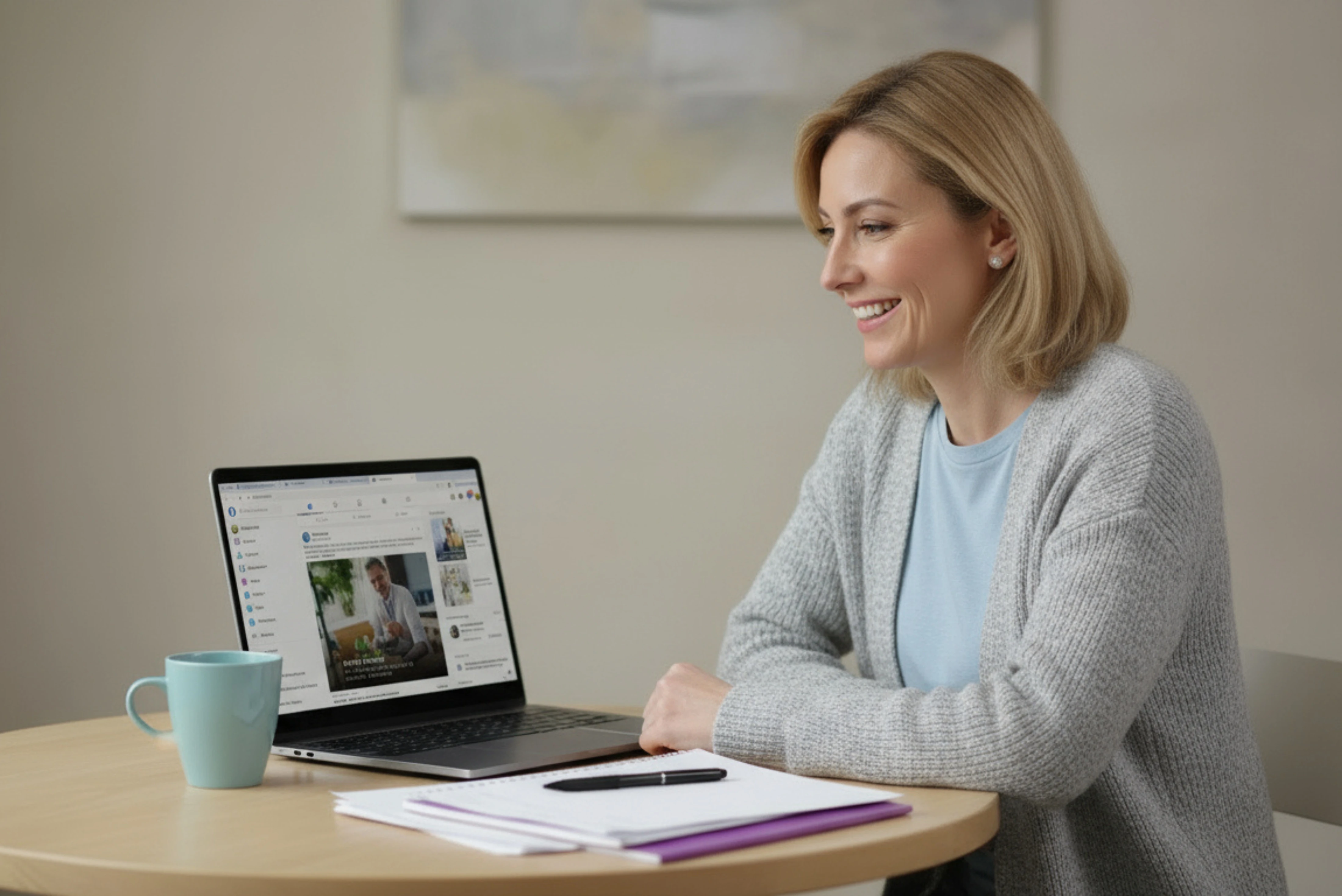 Professional woman smiling while reviewing Facebook feed on a laptop at a desk.