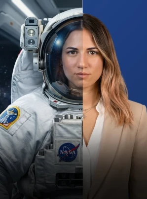 Split image showing a woman half dressed as an astronaut inside a spacecraft and half as a business professional against a clean background, symbolizing career transformation and dual expertise