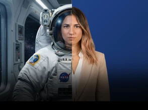 Split image showing a woman half dressed as an astronaut inside a spacecraft and half as a business professional against a clean background, symbolizing career transformation and dual expertise