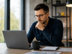 A professional man looking at his laptop in his office