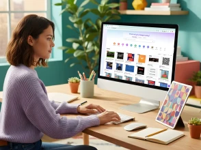 Person designing visual content using Canva on a desktop computer in a creative workspace.