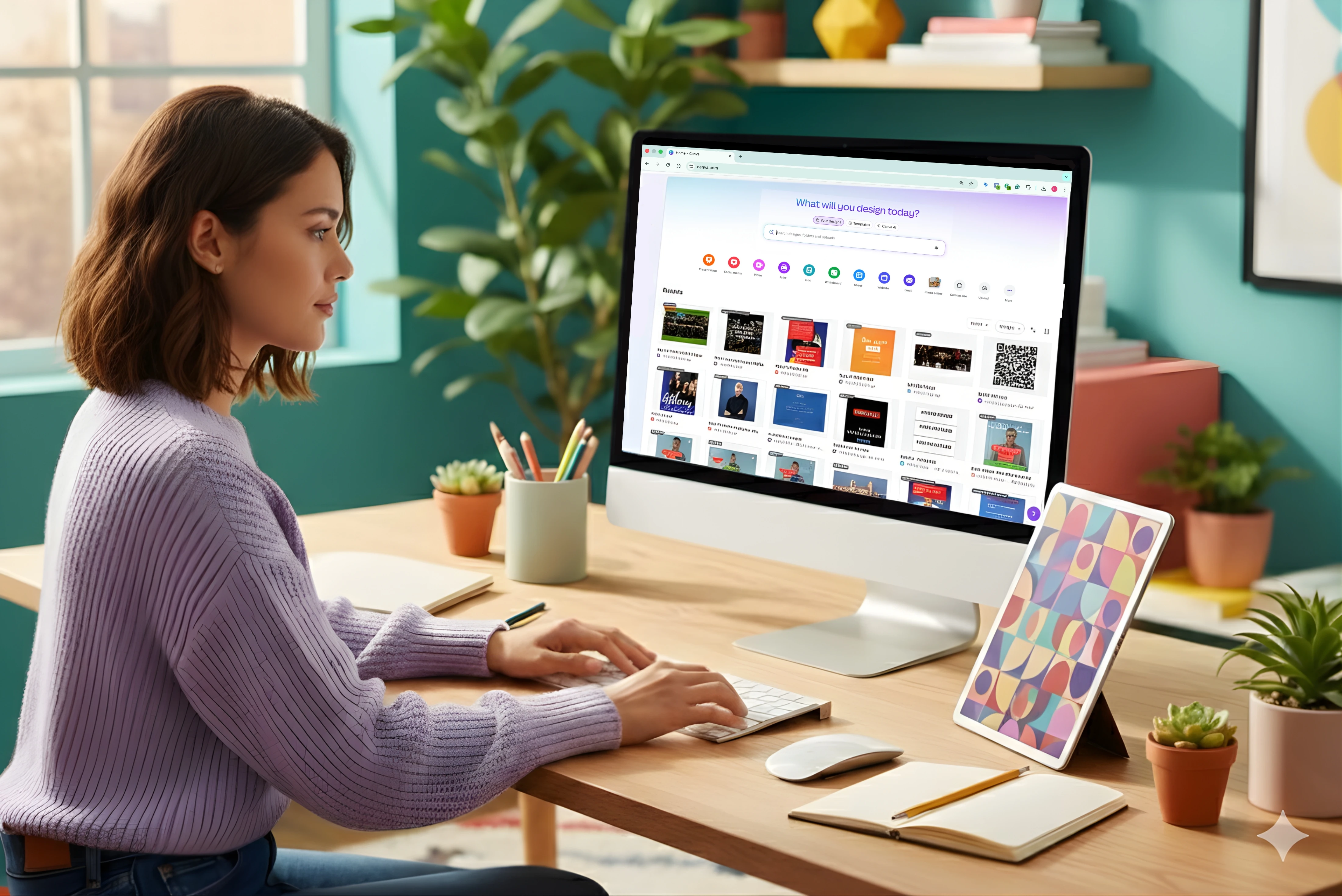Person designing visual content using Canva on a desktop computer in a creative workspace.