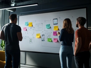 Team collaborating on a content marketing strategy using sketches and notes on a whiteboard.