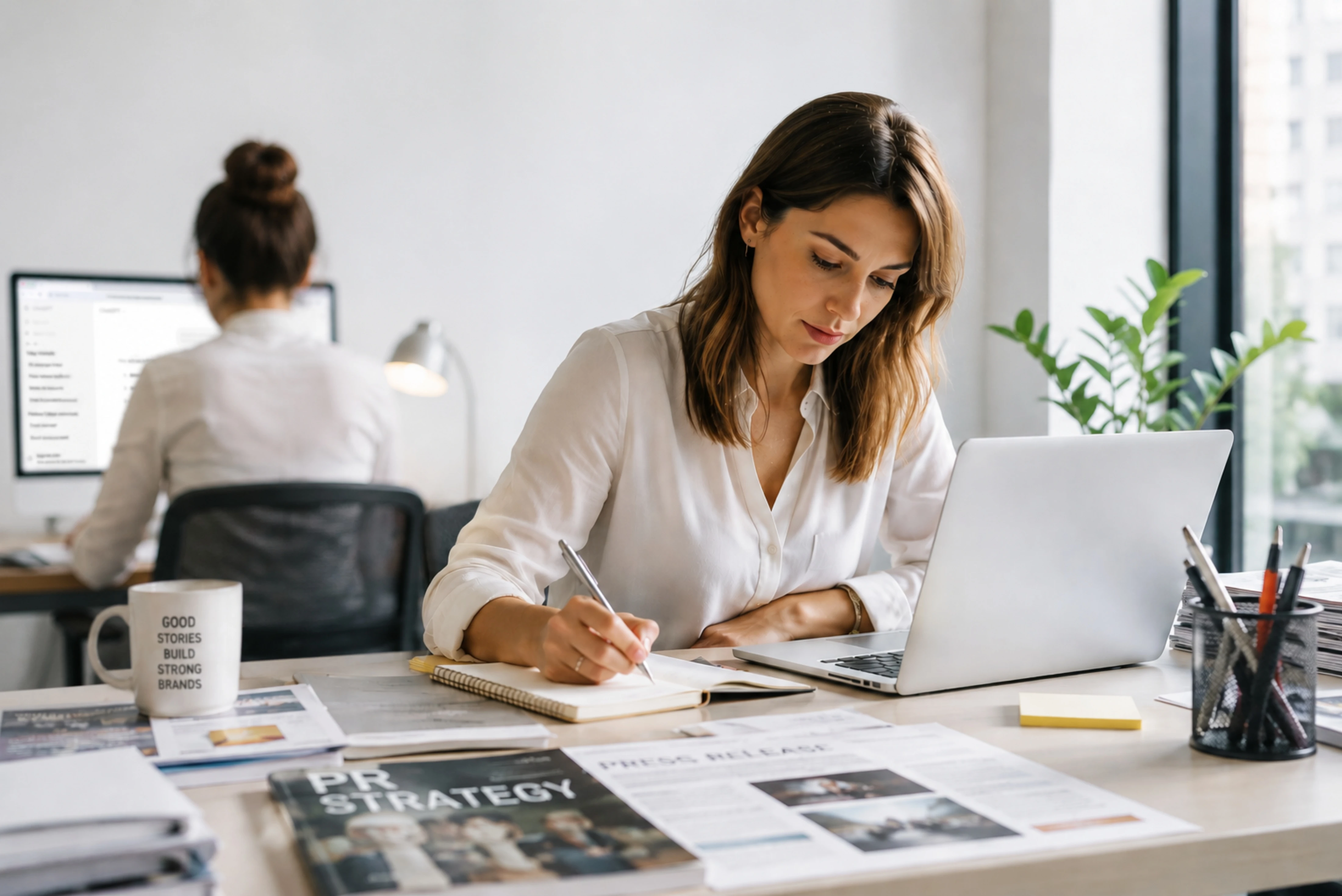 Women professionals working and taking notes in a modern office, with PR and communication strategy materials on the desk.