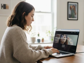 Woman presenting a social media marketing strategy to a team in a modern meeting room.