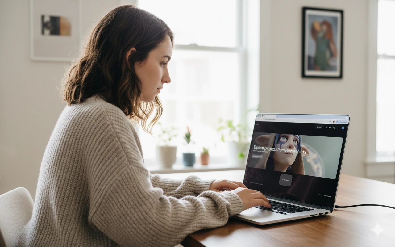 Woman presenting a social media marketing strategy to a team in a modern meeting room.