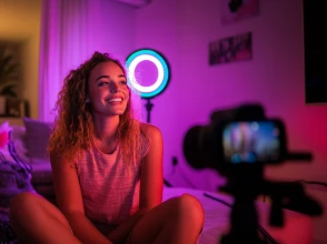 Content creator recording a video with a camera and ring light in a home studio.