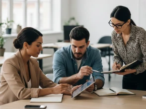 Three professionals discussing marketing promotion data using a tablet and notes in an office.