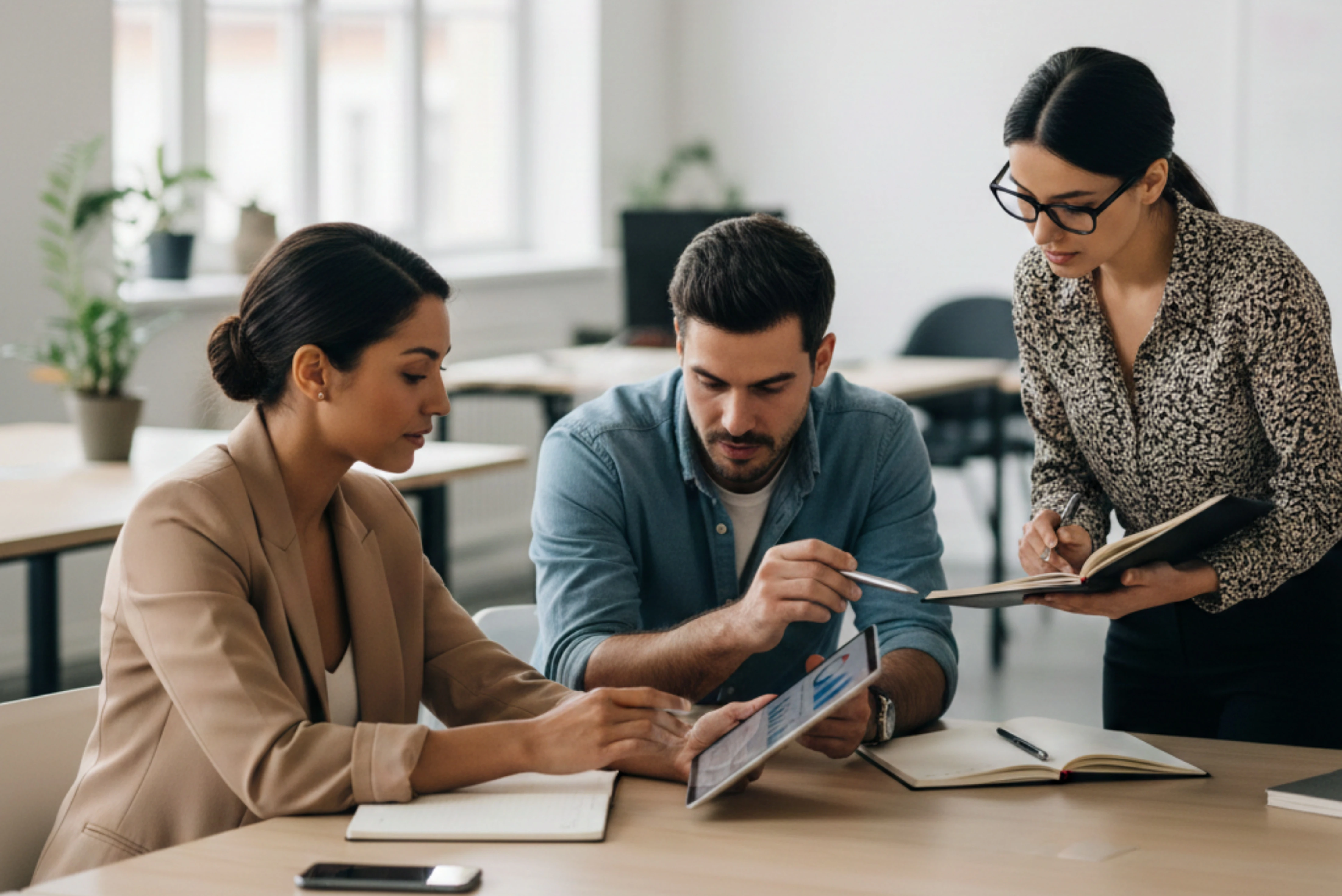Three professionals discussing marketing promotion data using a tablet and notes in an office.