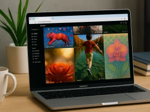 Laptop displaying AI-generated videos on Sora