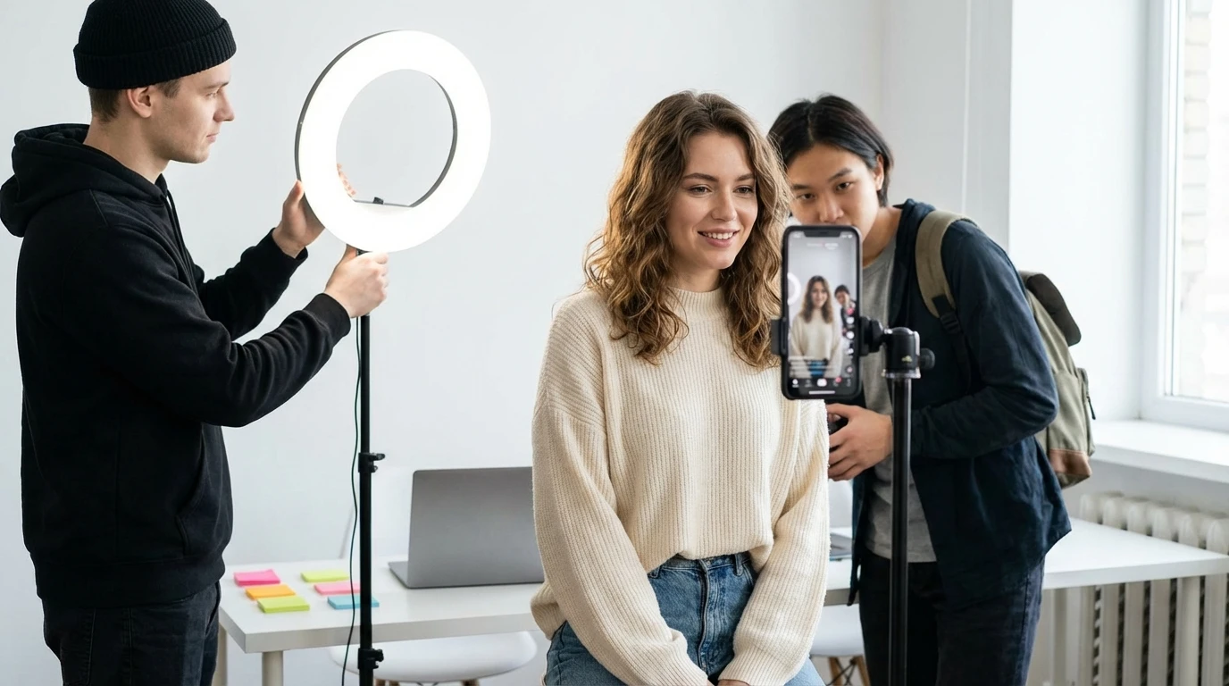 Three people recording a video indoors, with one person on camera and others adjusting a ring light and smartphone.
