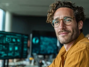 Professional marketer working on website development tasks at a computer in a modern office.
