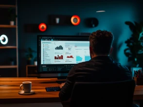 Professional analyzing SEO & GEO dashboards and data on a large monitor in a modern workspace.