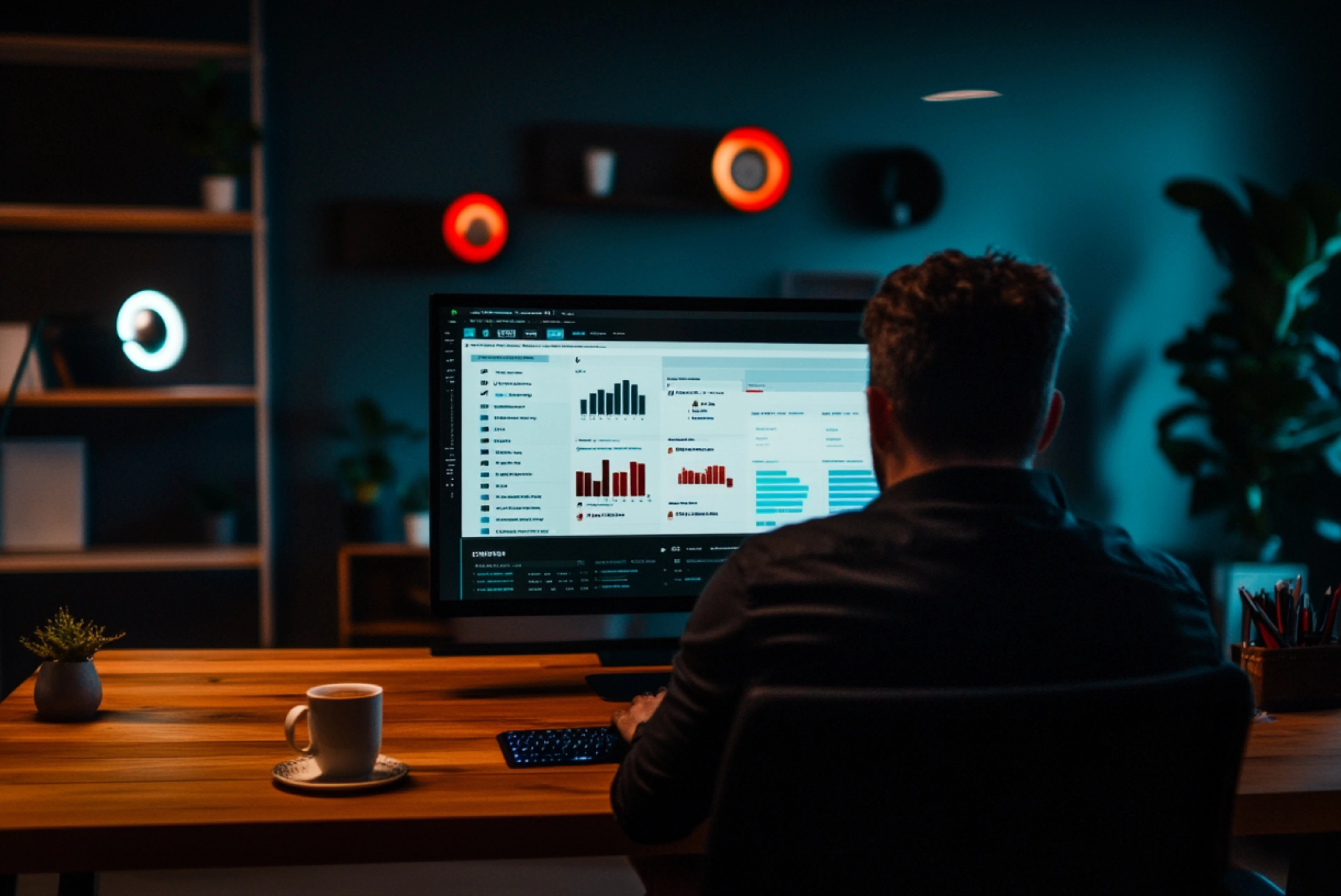 Professional analyzing SEO & GEO dashboards and data on a large monitor in a modern workspace.