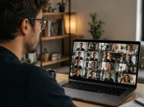 Person attending a Zoom video call with multiple participants on a laptop during an online class from home