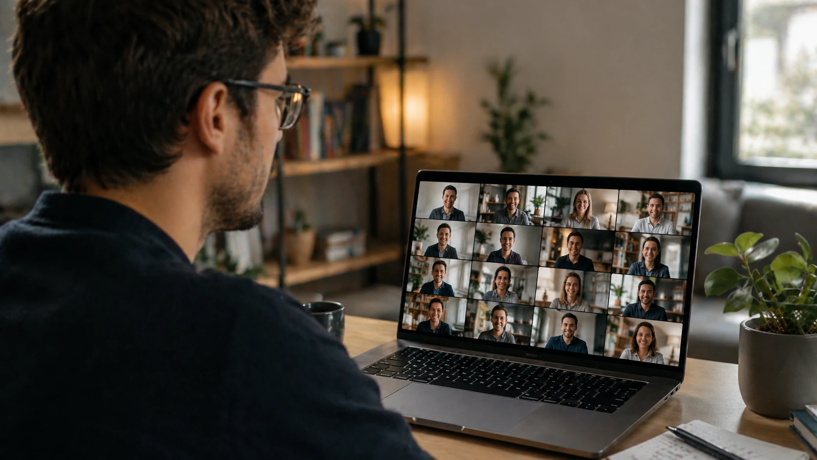 Person attending a Zoom video call with multiple participants on a laptop during an online class from home